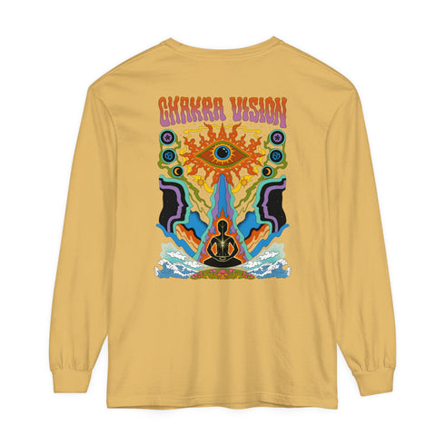 Back print long sleeve streetwear tee with a vintage aesthetic, perfect for festivals and skaters.